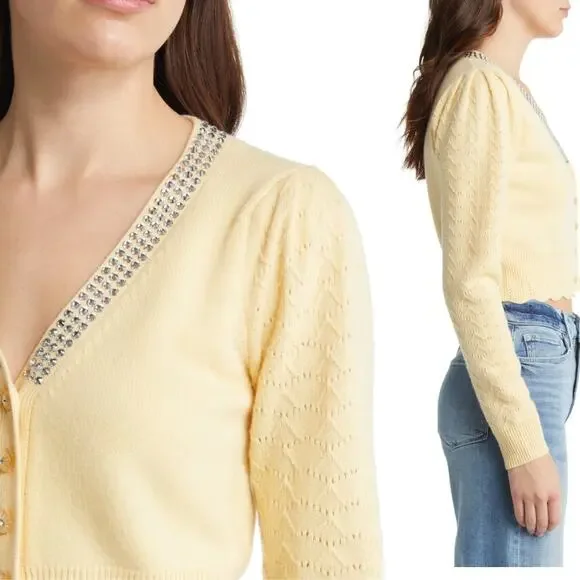 LoveShackFancy Brynner Wool Cashmere Cropped Cardigan Sweater Yellow Medium - Picture 3 of 12